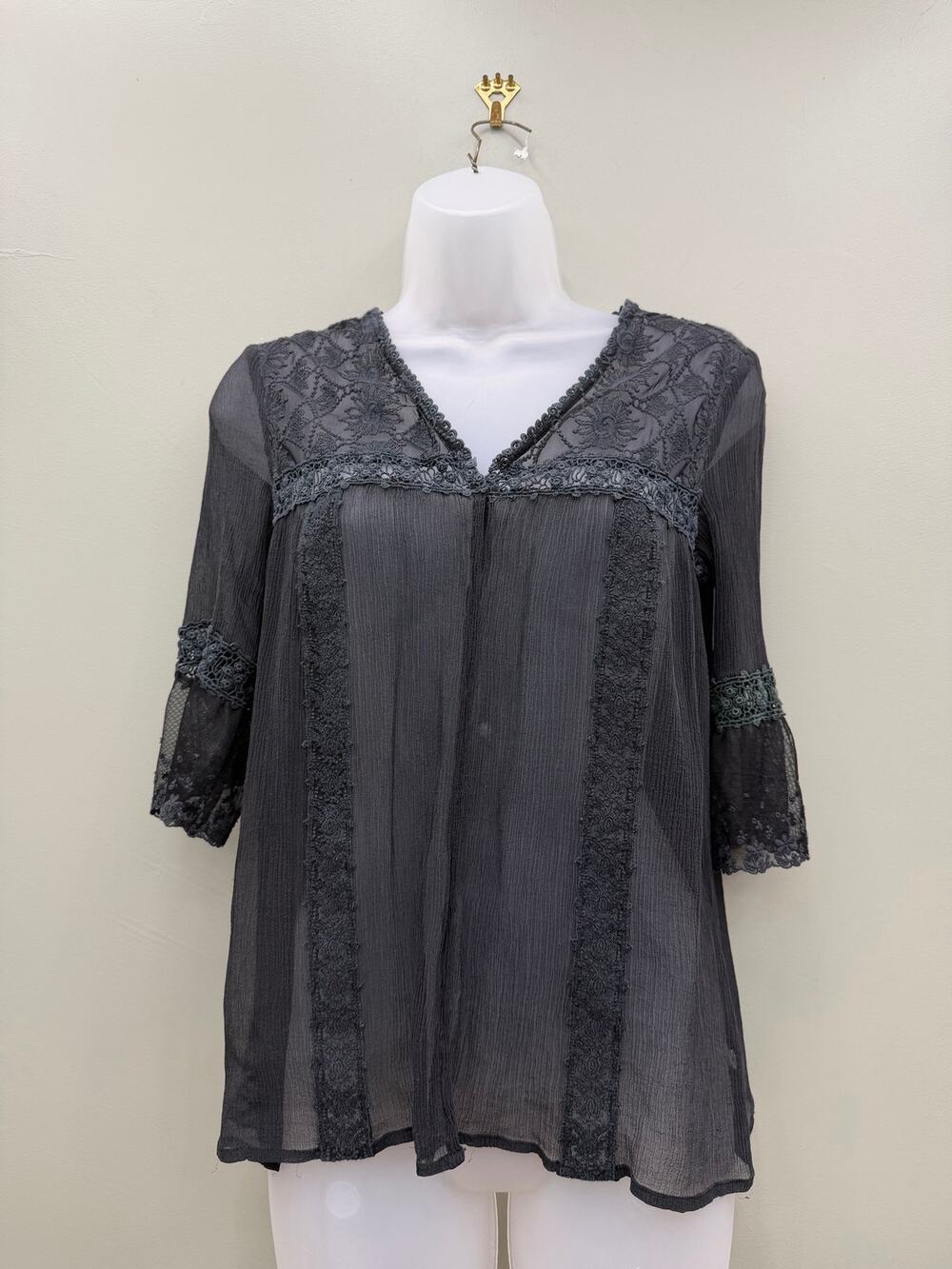 Free People Sheer Lace Cardigan Top Gray Bell Sleeve Romantic Boho Small